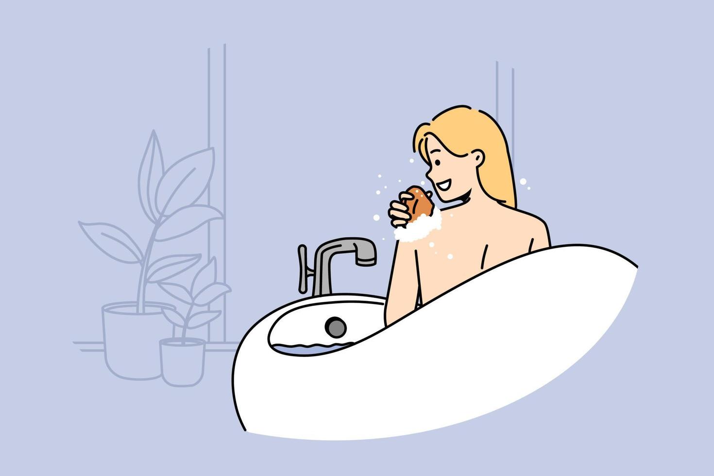 sonriente joven mujer desnuda lavándose en la bañera en casa. niña feliz frotando la espalda con una esponja disfruta de un baño caliente en el baño. concepto de higiene. ilustración vectorial vector