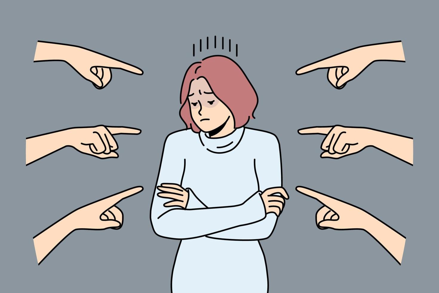 Distressed young woman stand surrounded by numerous fingers pointing. Unhappy female feel bullying and harassment in society. Vector illustration.