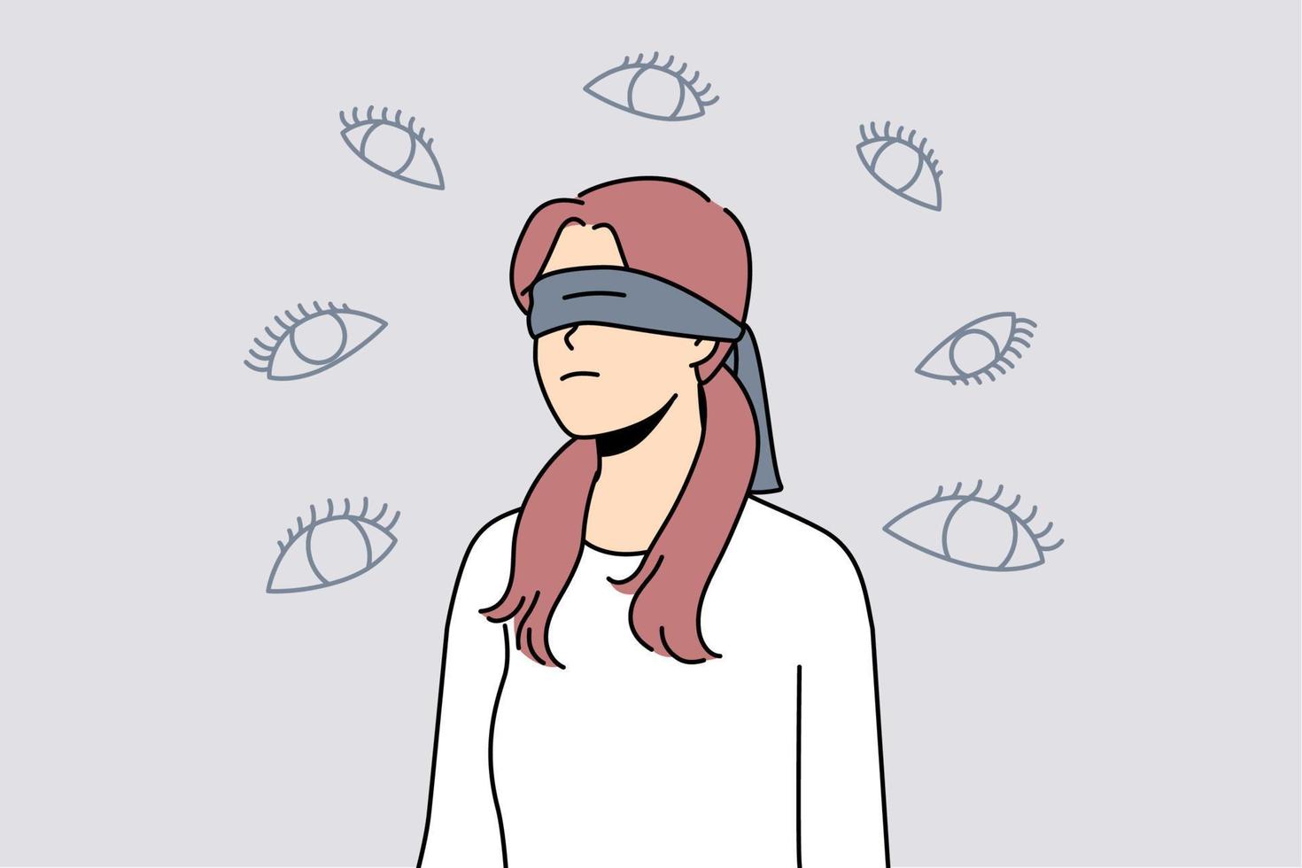 mujer joven con tapa en los ojos se siente acosada con varios ojos numerosos. mujer con los ojos vendados sintiéndose paranoica. Salud mental y paranoia. ilustración vectorial vector