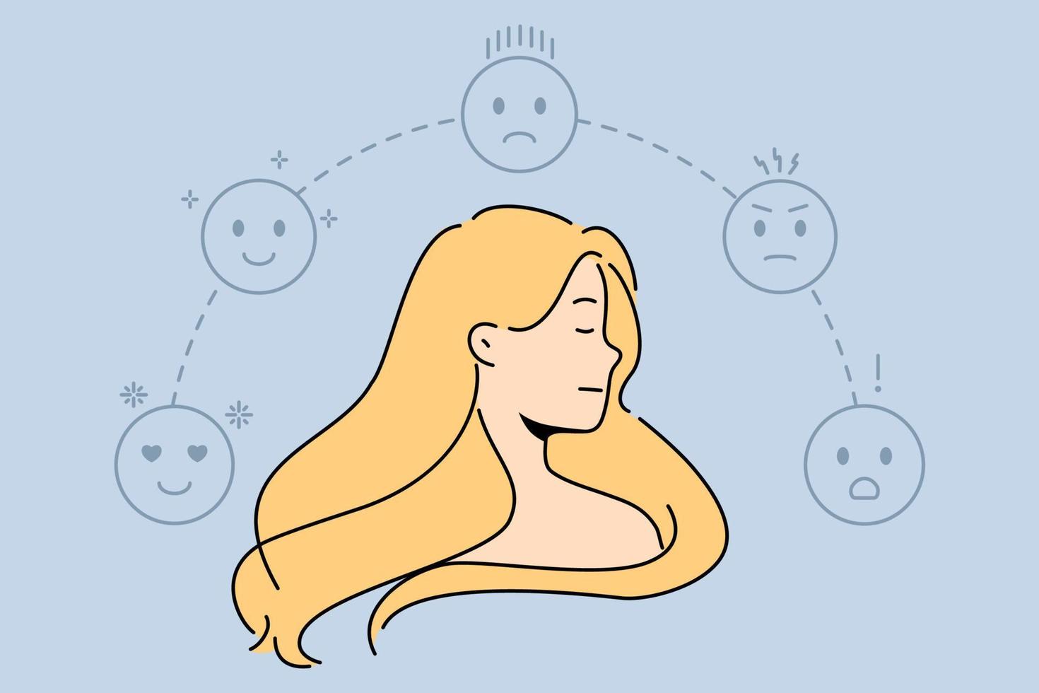 Young woman surrounded with emojis with different emotions. Female feel emotional and expressive experience bad and good mood. Vector illustration.