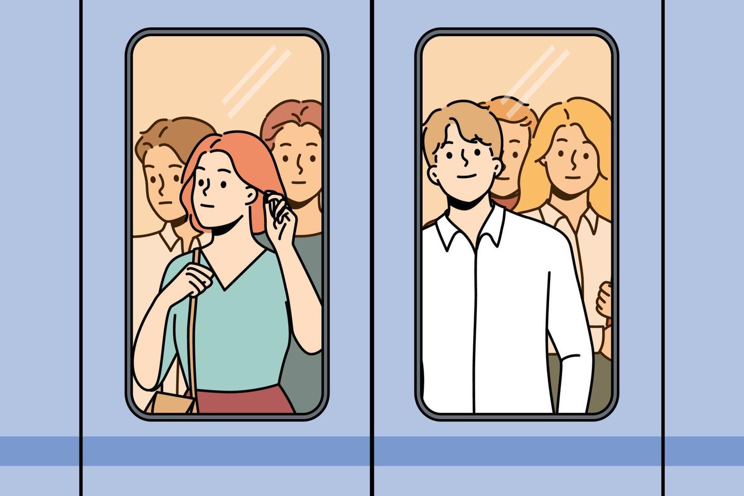 People standing behind glass in metro. Crowd near doors in subway train. Public transportation. Vector illustration.