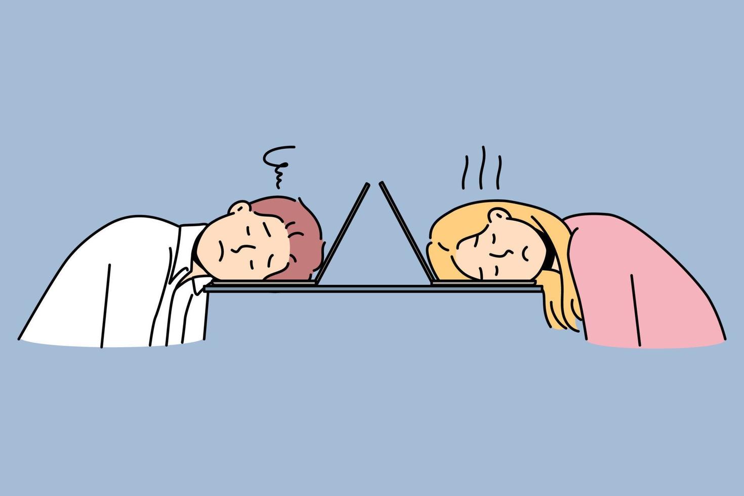 Tired couple sit at table fall asleep during computer work. Exhausted man and woman suffer from fatigue nap at laptop in office. Vector illustration.