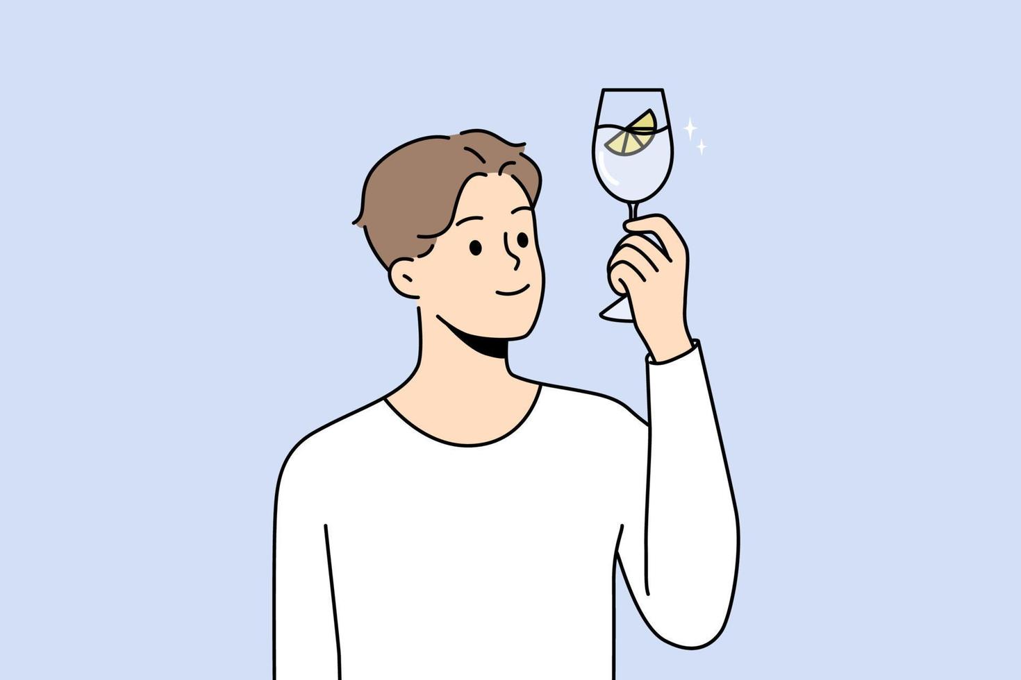 Smiling young man with glass of water recommend healthy lifestyle. Happy guy feel thirsty hold in hands aqua with lemon for hydration. Vector illustration.