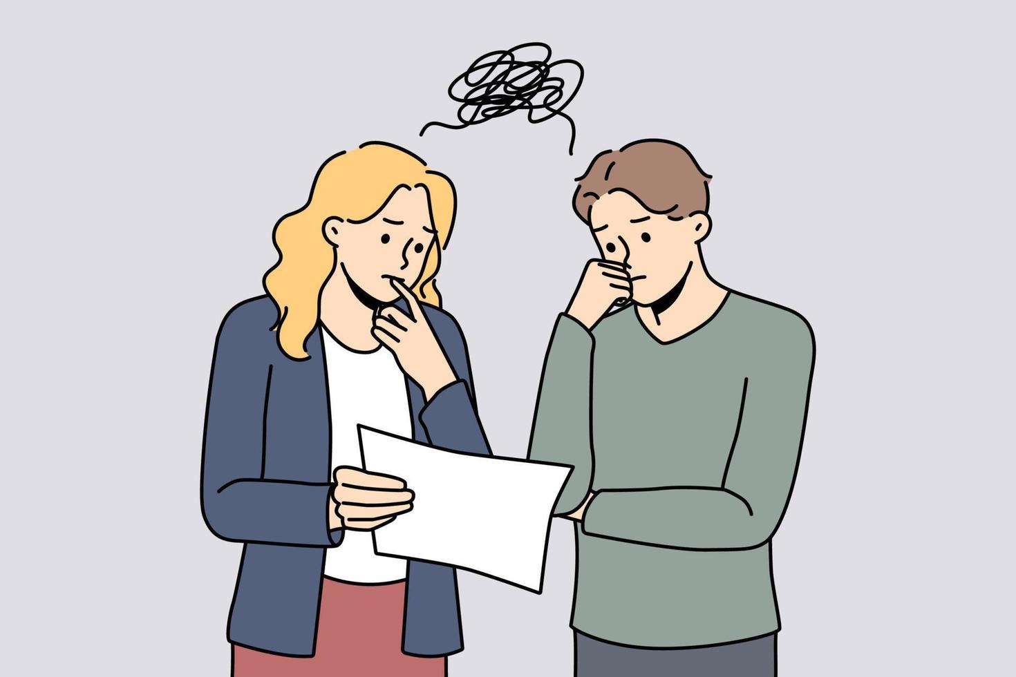 Pensive businesspeople look at paperwork brainstorm over business idea or project. Colleagues work together analyze document. Teamwork concept. Vector illustration.
