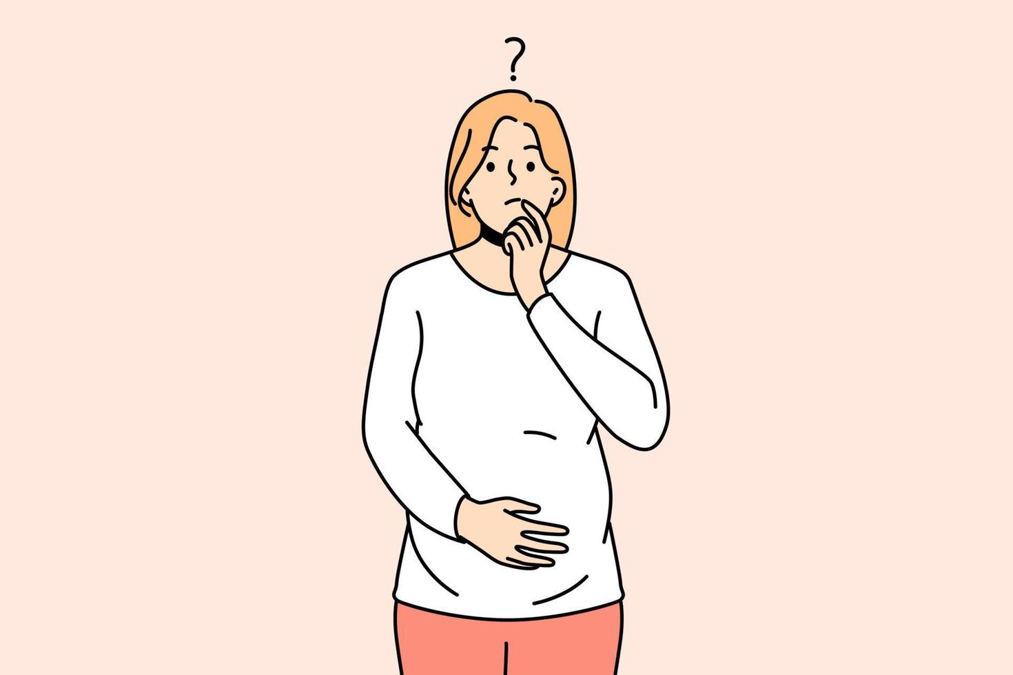 Frustrated young pregnant woman touch belly feeling doubtful thinking. Confused female feel questionable and unsure about pregnancy. Vector illustration.