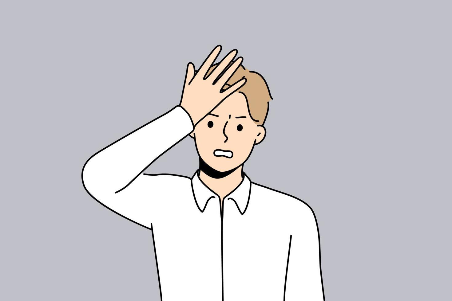 Unhappy young man make hand gesture remembering or forgetting something. Distressed male frustrated with idea or thought. Vector illustration.