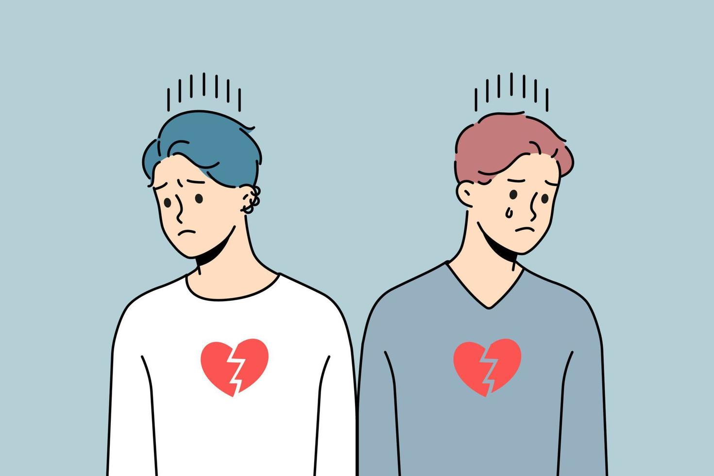 Unhappy homosexual couple suffer from broken hearts. Upset men struggle with relationships breakup or separation. Homosexuality concept. Vector illustration.