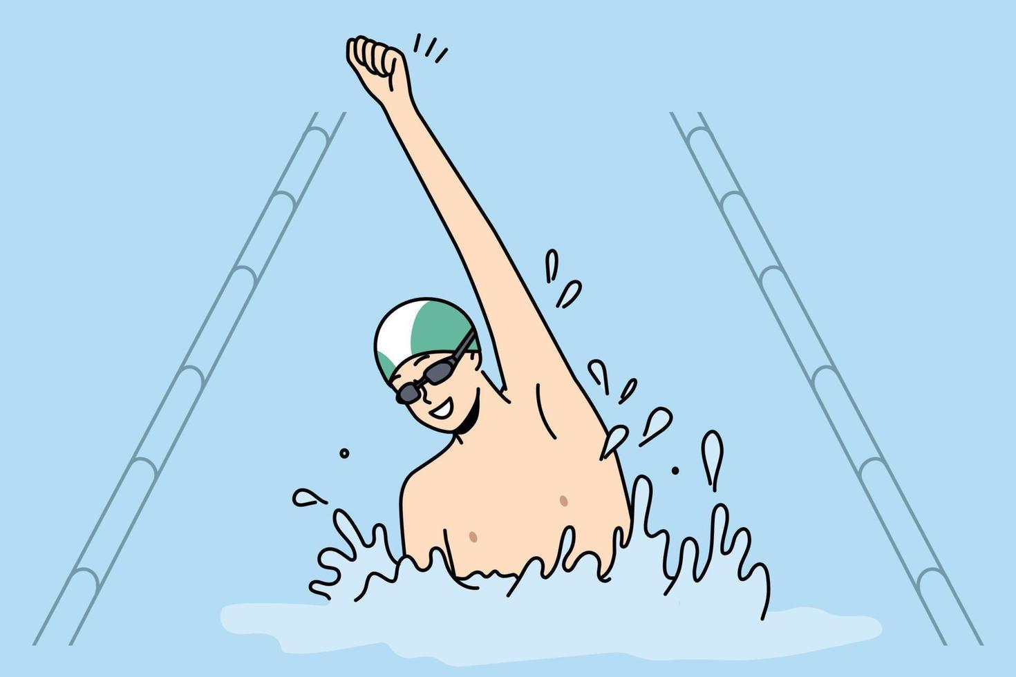 Smiling young man in cap and glasses celebrate win finish first swimming in pool. Excited guy triumph with victory in competition. Sport and hobby. Vector illustration.