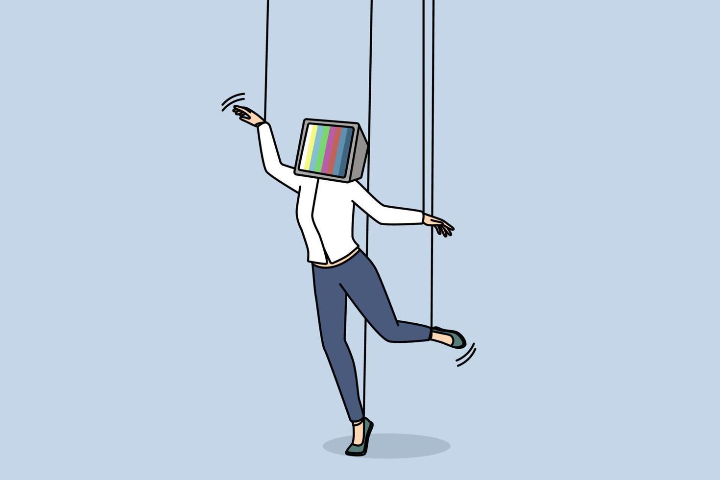 Unhappy young woman with TV on head and hands on ropes feeling manipulated. Girl manipulation with media and television. Vector illustration.