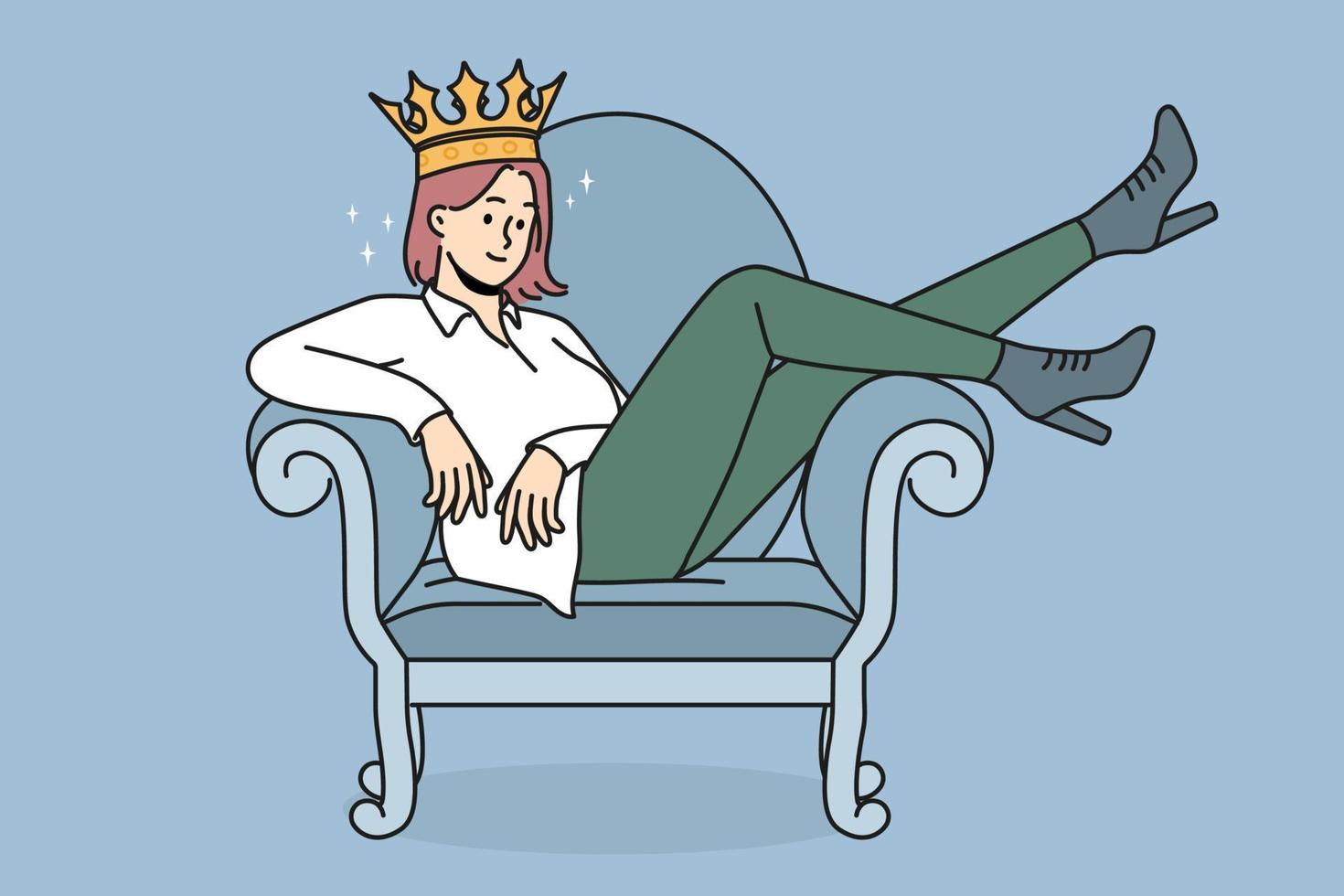 Confident young woman in crown sitting on chair. Smiling girl in golden accessory show confidence and high self-esteem. Vector illustration.