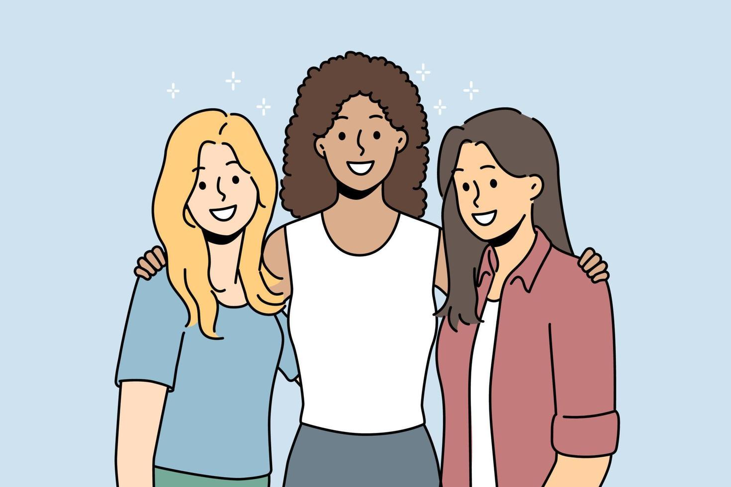 Smiling diverse girls standing together hugging showing friendship and support. Happy multiethnic interracial women posing embracing. Vector illustration.