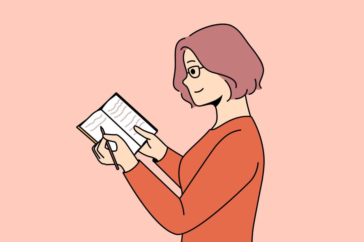 Smiling young woman in glasses take notes in notebook. Happy female write in notepad, make plan or list. Vector illustration.