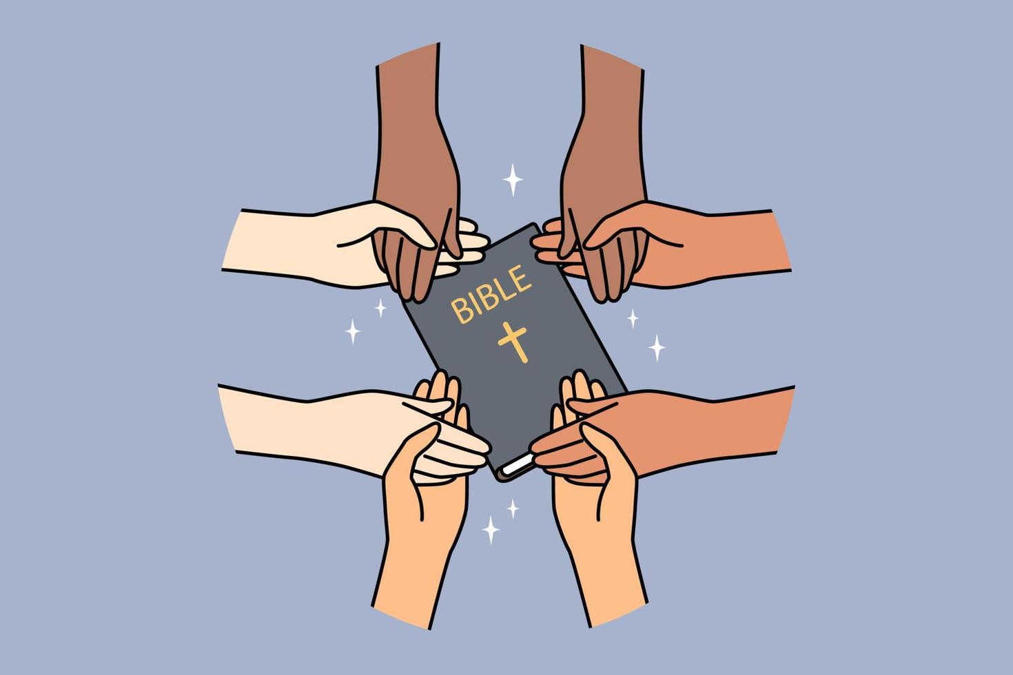 Closeup of diverse interracial people hold hands praying together. Multiethnic group holding bible engaged in prayer. Religion and faith. Vector illustration.