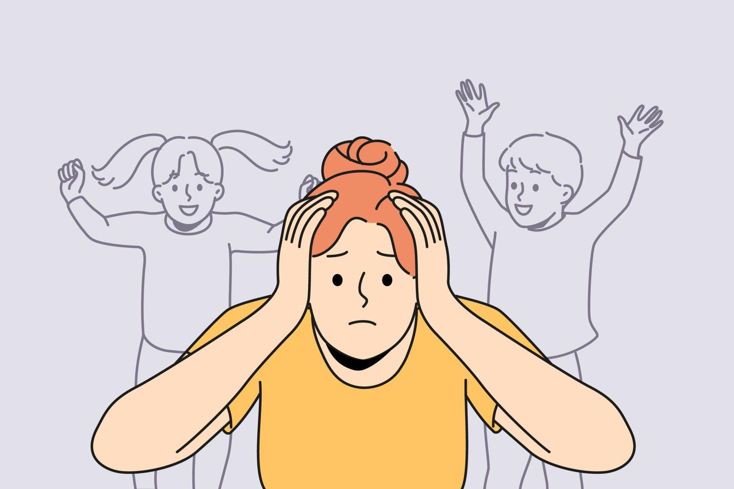 Stressed young mother annoyed with loud kids screaming. Unhappy distressed woman bothered with noisy children suffer from motherhood. Vector illustration.