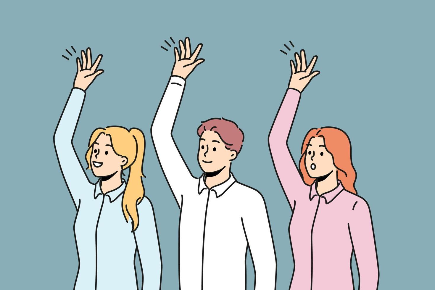 los empresarios felices levantan la mano para votar en el lugar de trabajo. empleados sonrientes que participan en actividades de trabajo en equipo. concepto de trabajo en equipo. ilustración vectorial vector