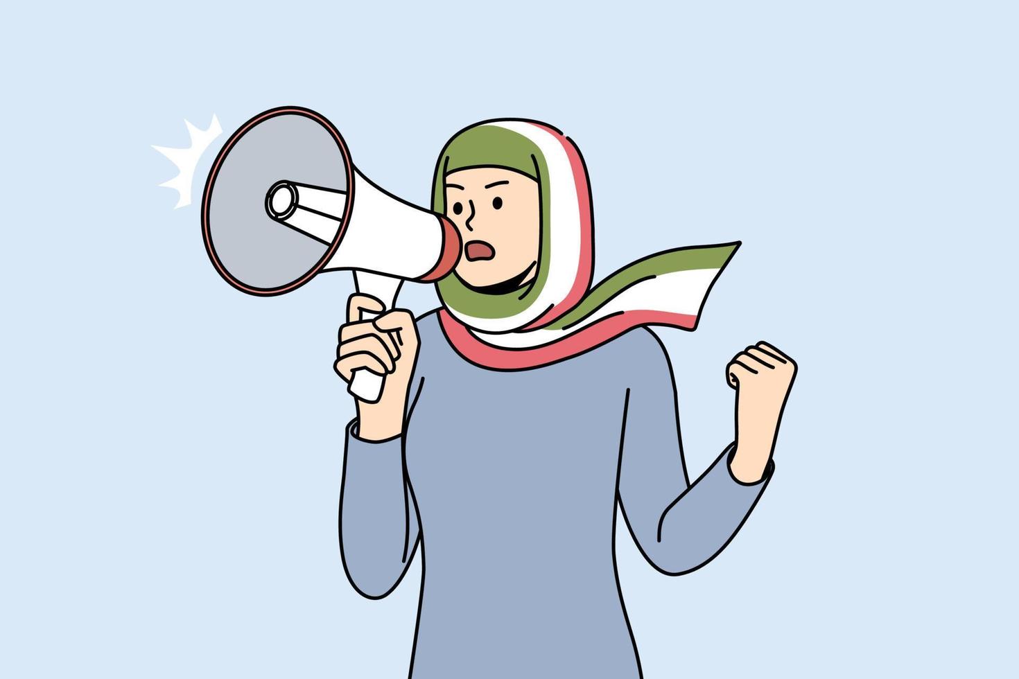 Young woman in hijab with Iranian flag scream in loudspeaker stand for female rights and equality. Decisive girl in headwear with megaphone on protest. Vector illustration.