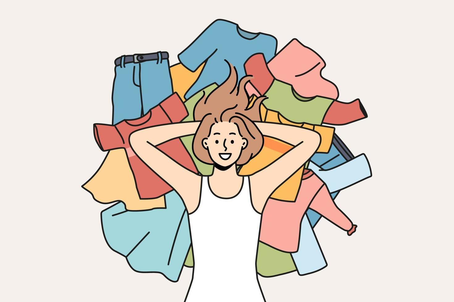 Smiling young woman lying on pile of clothes. Happy girl on stock of garment on floor. Consumerism and shopaholic concept. Vector illustration.