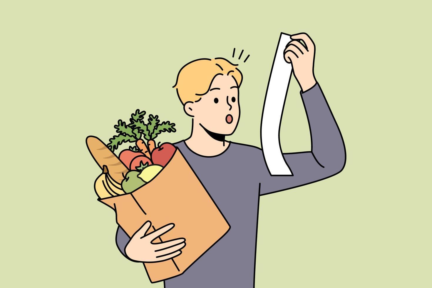 Stunned young man with bag or groceries shocked by expenses in supermarket. Amazed guy surprised with prices on food and products in shop. Vector illustration.