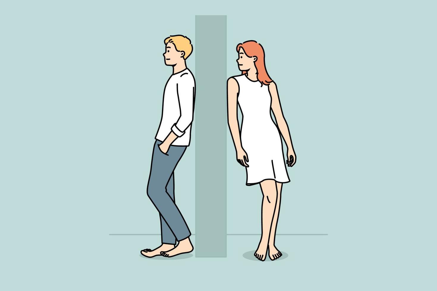 hombre y mujer separados por pared. una pareja joven se para en diferentes lados de la pared. separación y ruptura. ilustración vectorial vector