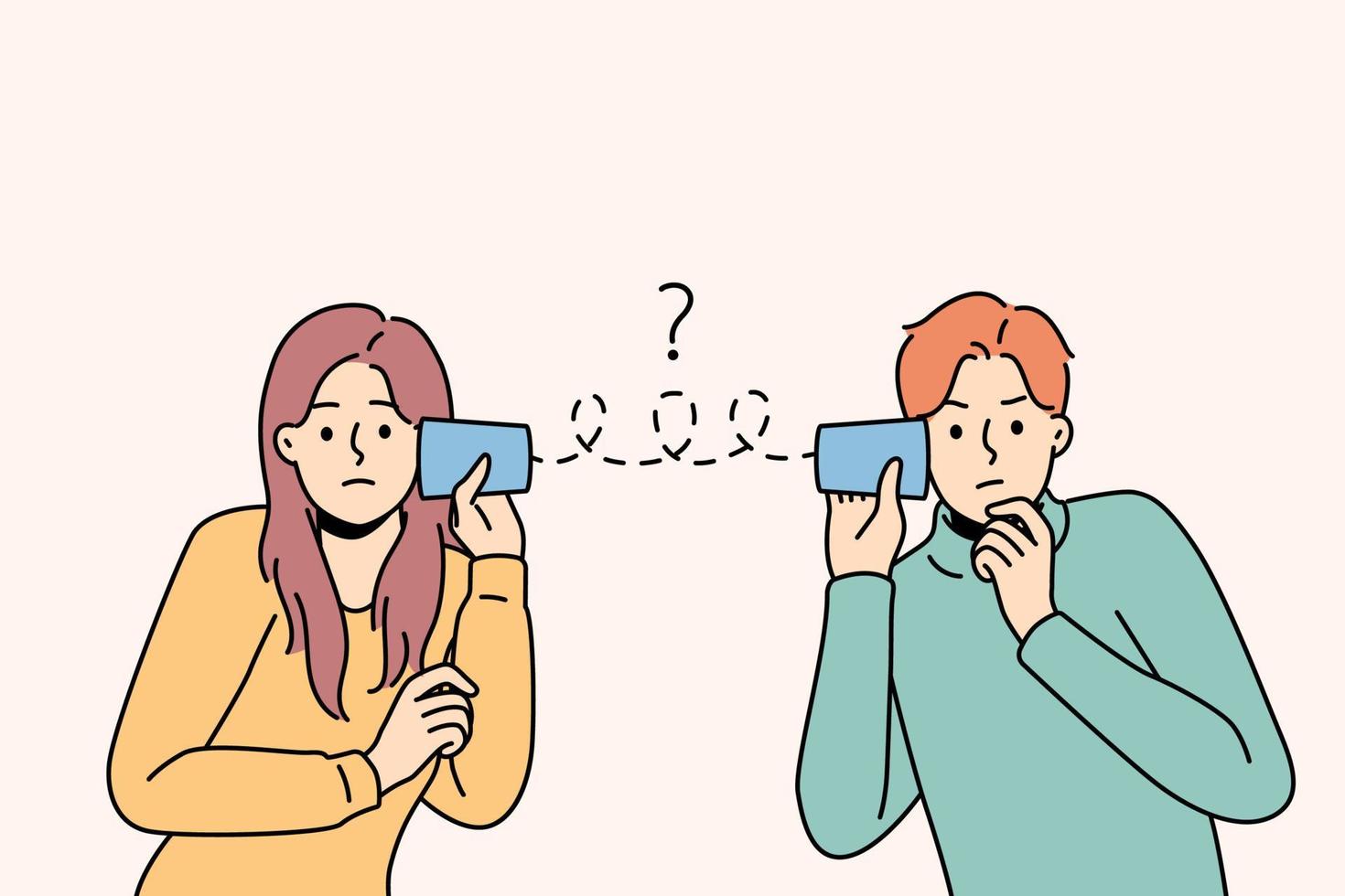 Unhappy couple suffer from communication problems. Upset man and woman distressed with misunderstanding. Relationships troubles. Vector illustration.