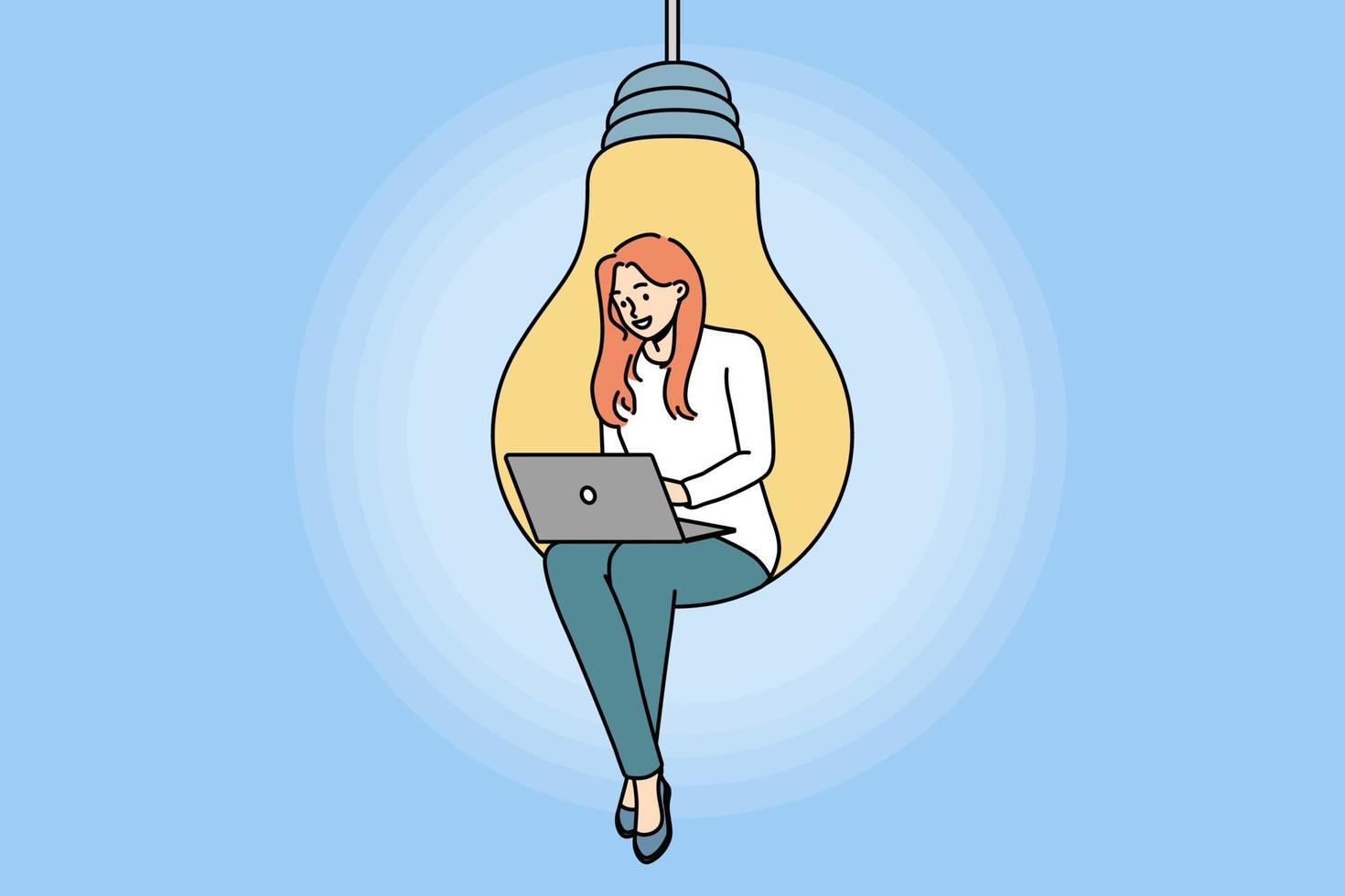 mujer joven sentada en una enorme bombilla trabajando en una laptop. empleada confiada y motivada en una bombilla ocupada con el trabajo de la computadora. innovación y lluvia de ideas. ilustración vectorial vector