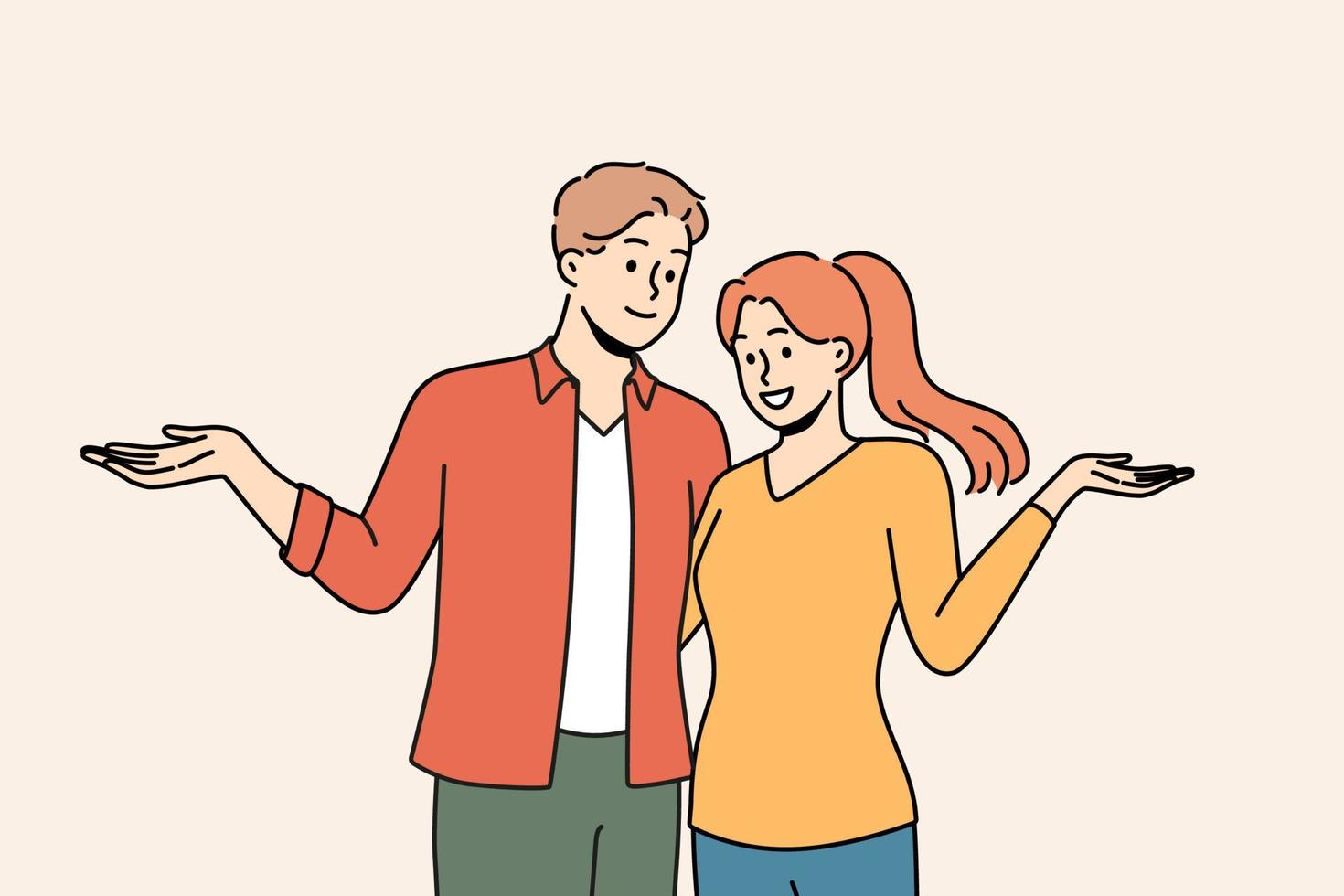 Smiling young couple with open arms feeling positive and cheerful. Happy man and woman show good mood and emotion. Vector illustration.