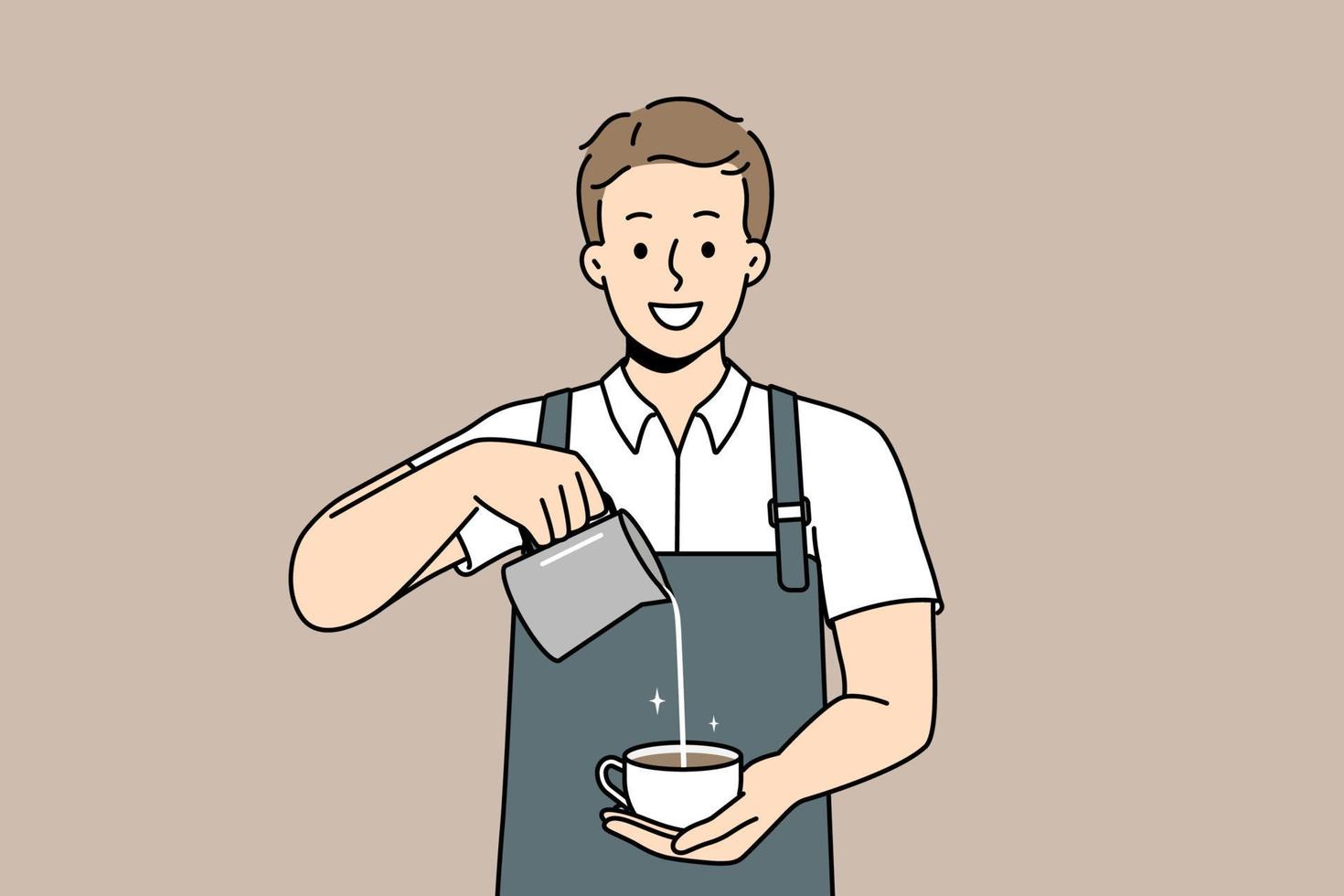 Smiling male barista in apron making cappuccino in cup. Happy man waiter prepare coffee in cafe show good quality service. Coffee shop art. Vector illustration.