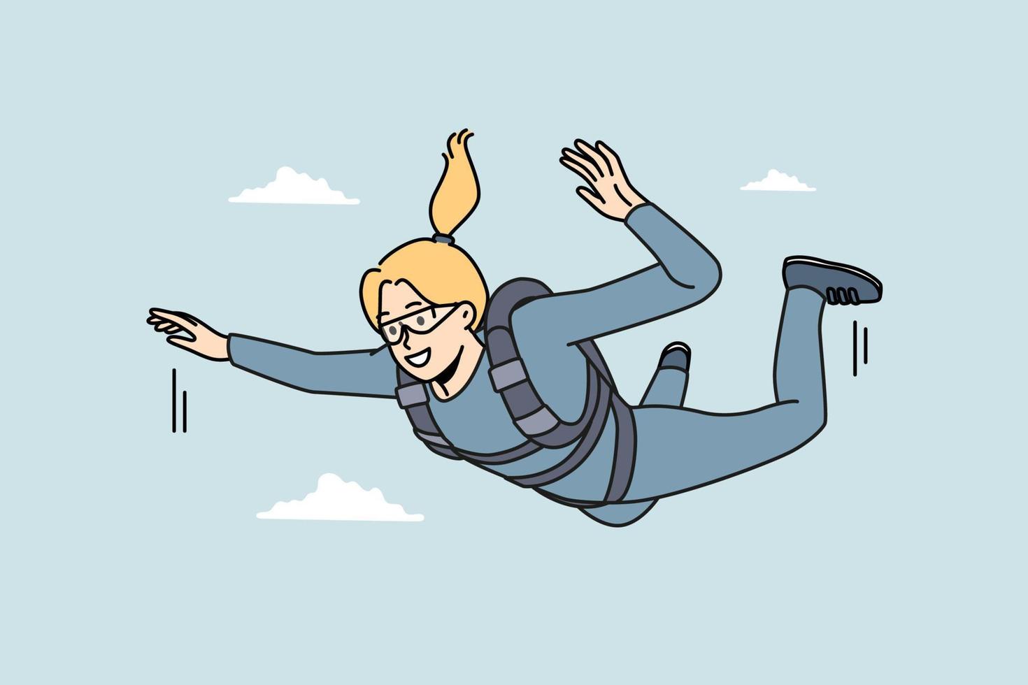 Overjoyed young woman in uniform flying in sky jumping with parachute. Smiling girl engaged in extreme activity. Sport and hobby. Vector illustration.