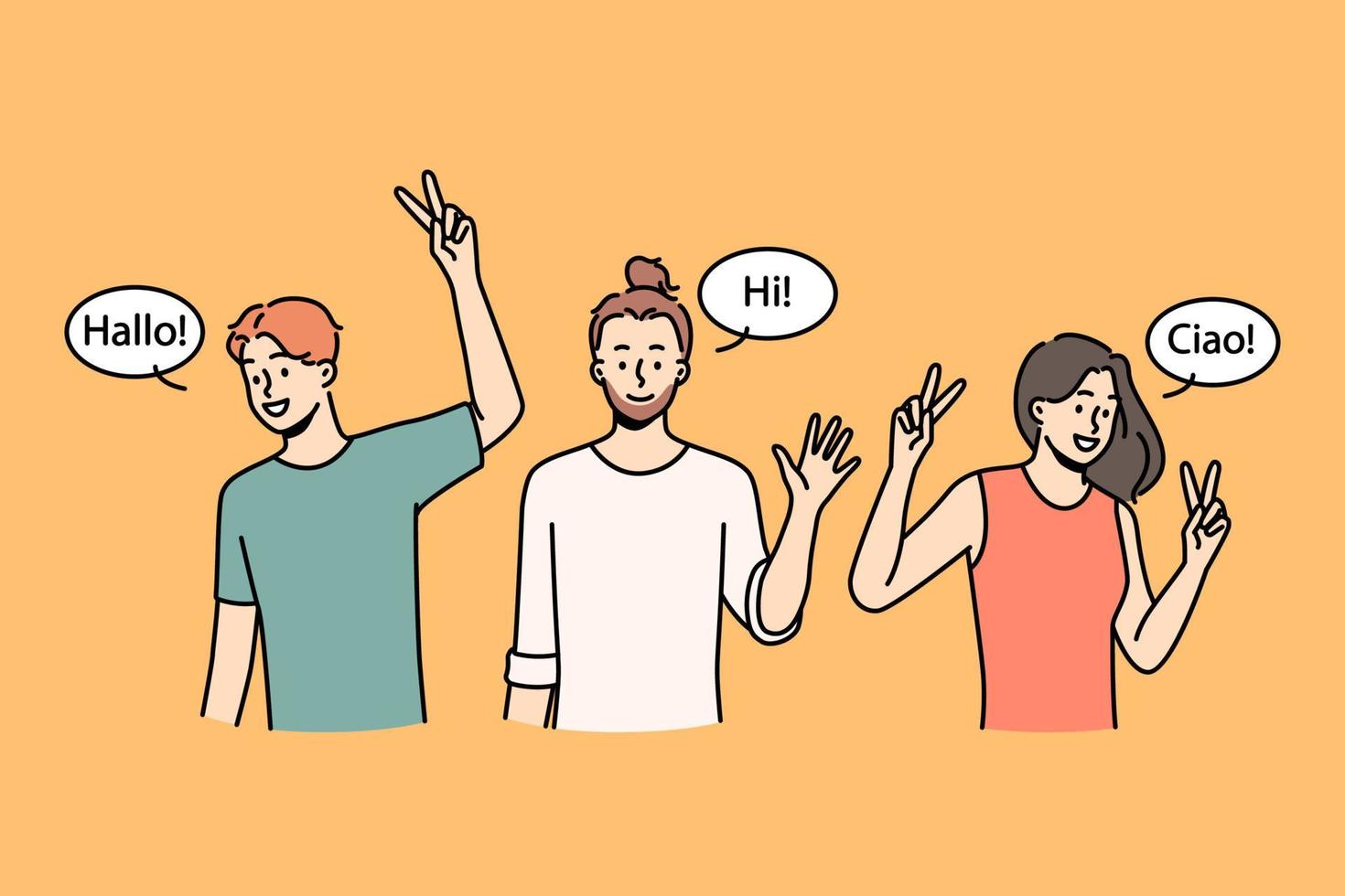 Smiling multiracial people waving hands greeting in different languages. Happy interracial men and women saying hello. Multiethnic group. Vector illustration.