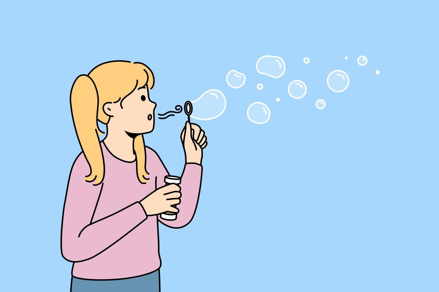 Happy girl child have fun blowing soap bubbles. Smiling kid blow soapsuds. Childhood game activity outdoors. Vector illustration.
