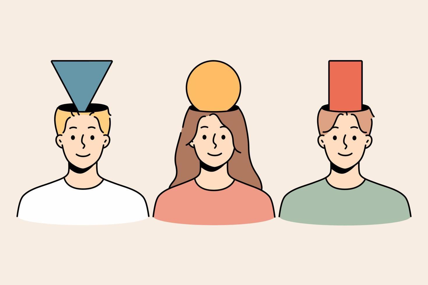 gente diversa con figuras geométricas en la cabeza. hombres y mujeres sonrientes tienen un punto de vista personal. trabajo en equipo y colaboración. ilustración vectorial vector