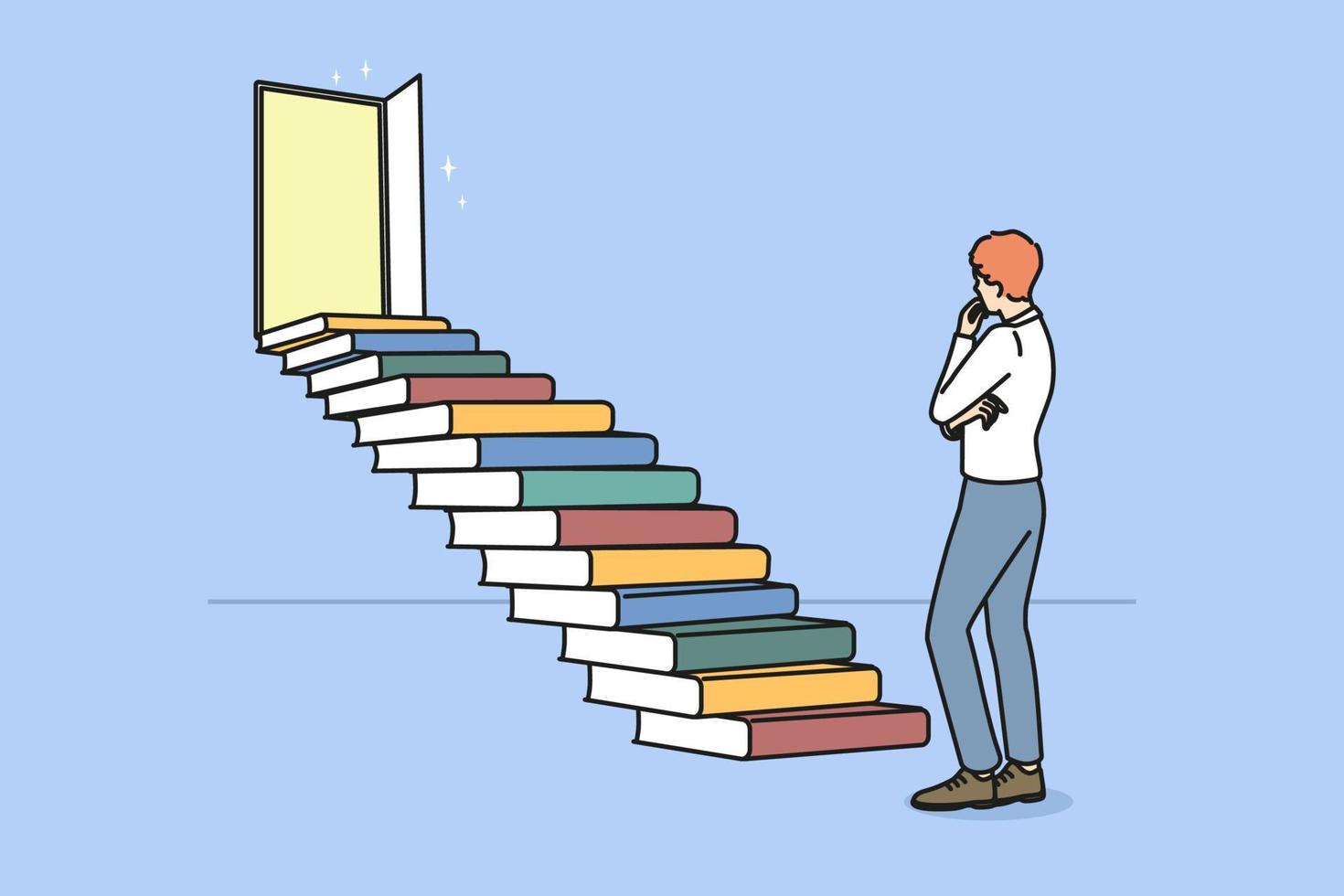 Young man standing near stairs made of books thinking or brainstorming. Pensive male consider education. Open doors near staircase from textbooks. Vector illustration.