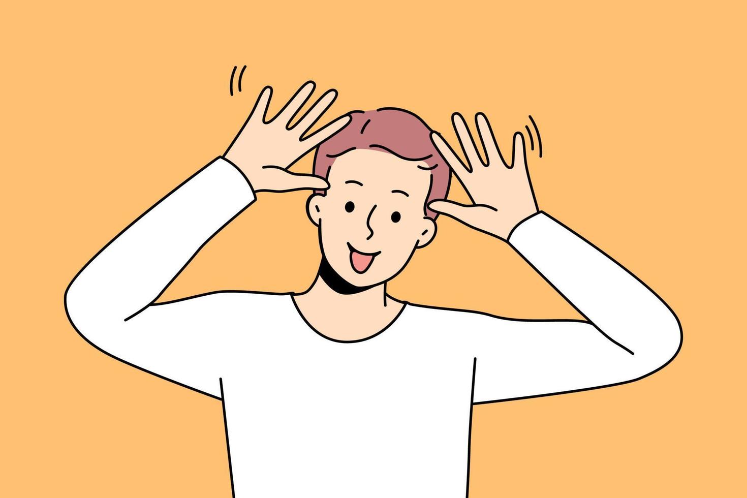 Overjoyed guy make funny face feeling joyful and positive. Smiling boy have fun show playful facial expression. Vector illustration.