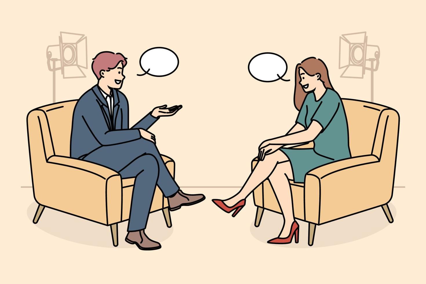 Smiling people sitting in chairs in studio filming TV program. Happy interviewer and interviewee have discussion shooting live broadcast. Vector illustration.