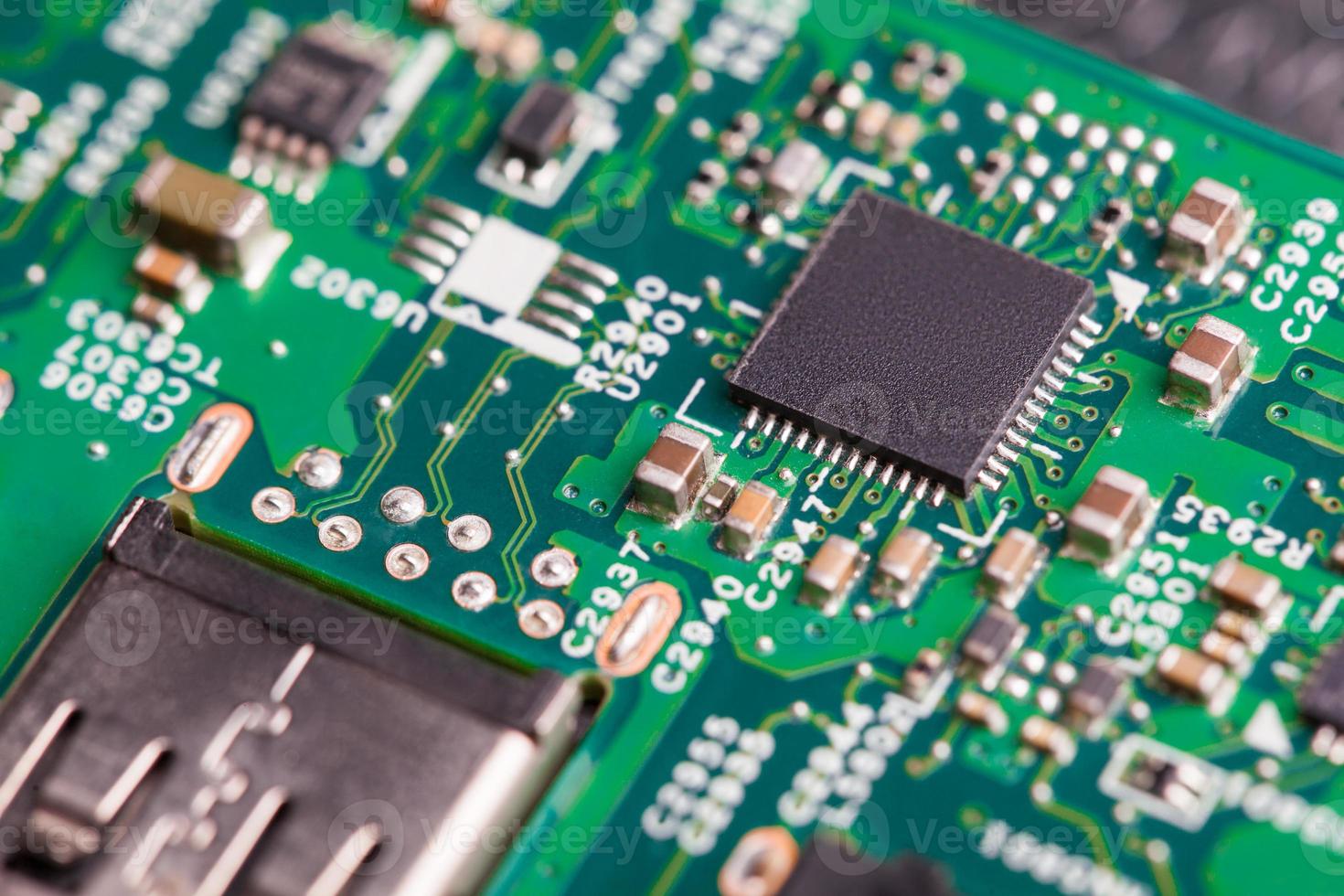 Close up of electronic components on the motherboard, microprocessor chip photo