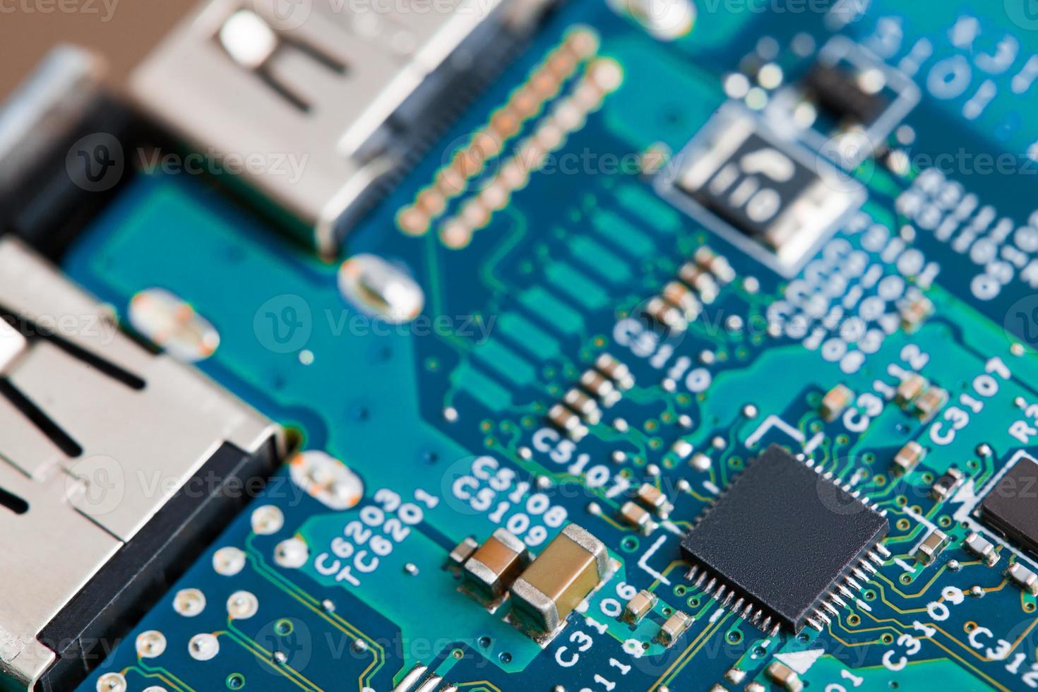 Close up of electronic components on the motherboard, microprocessor chip photo