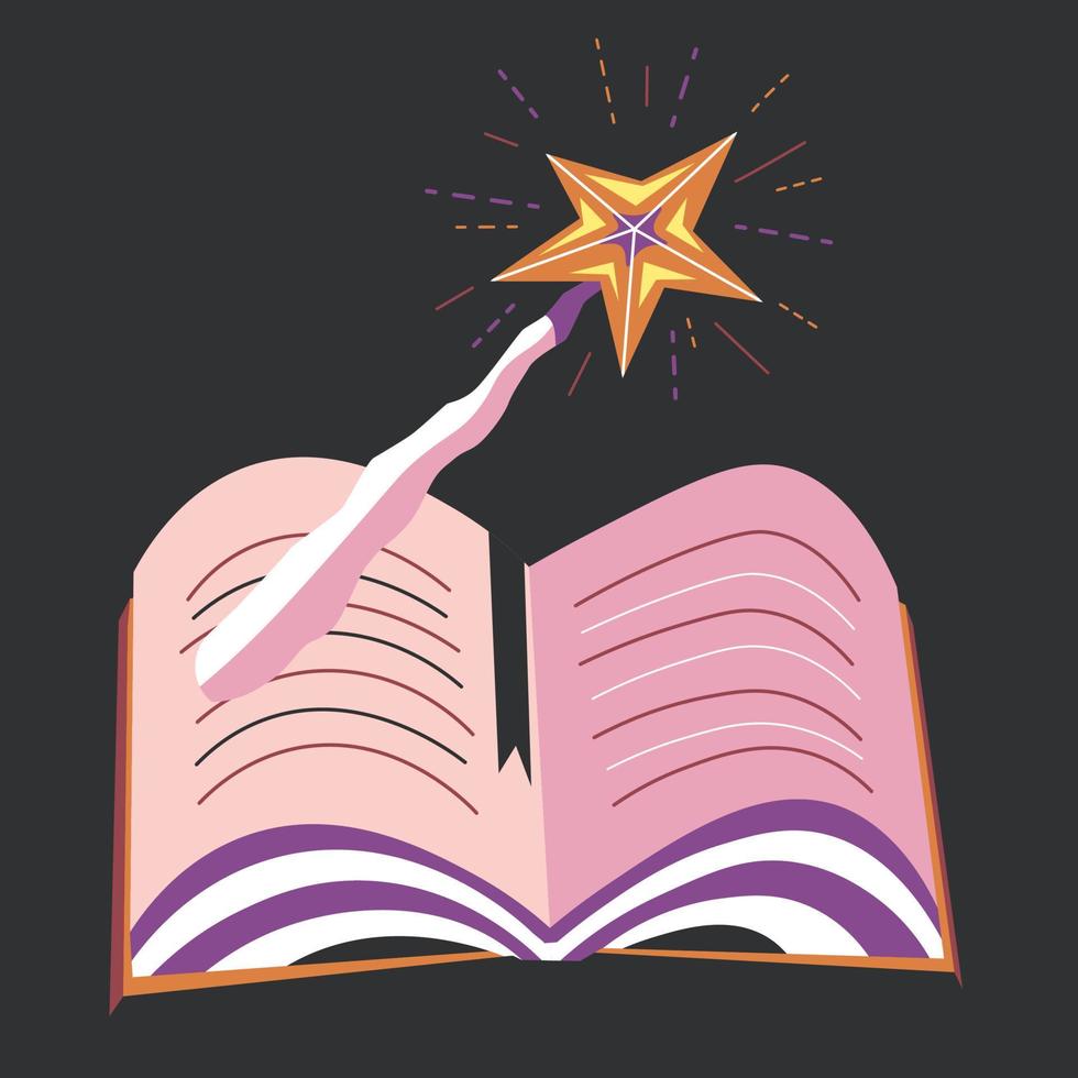 Book with spells, magic wand and textbook vector