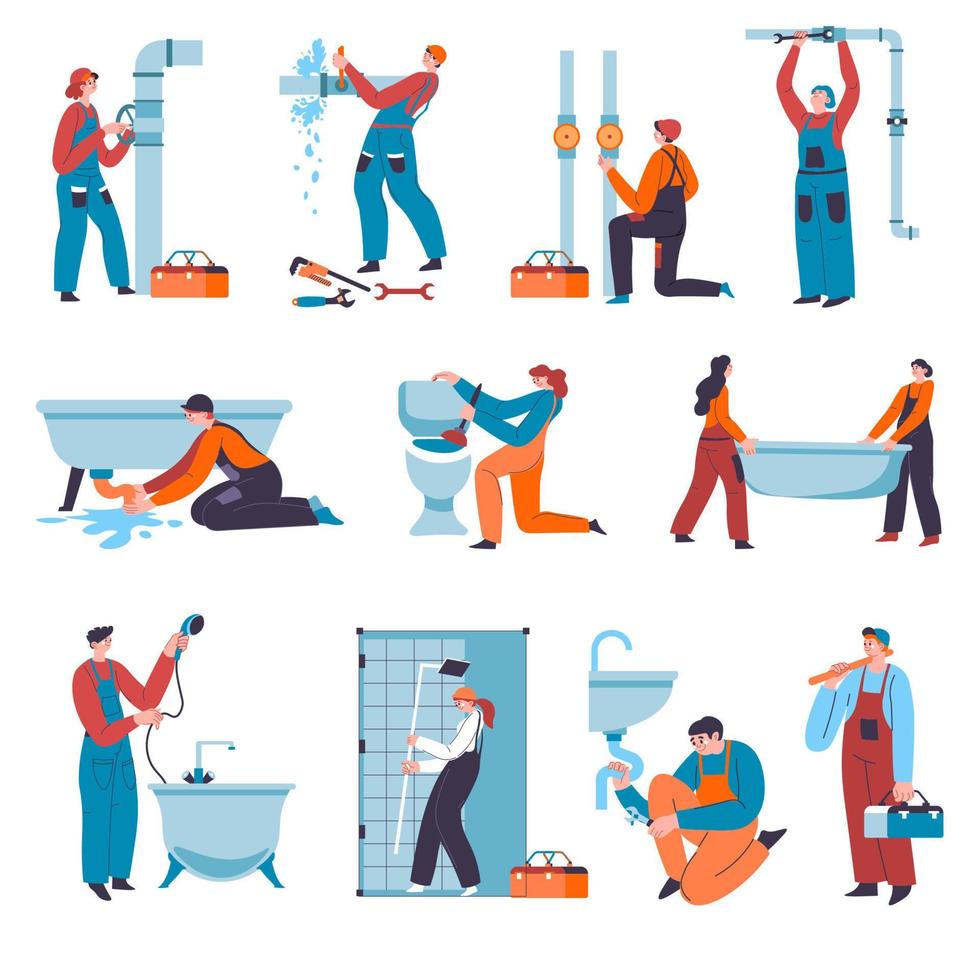 Plumber fixing sink, bathtub and leaking pipes vector
