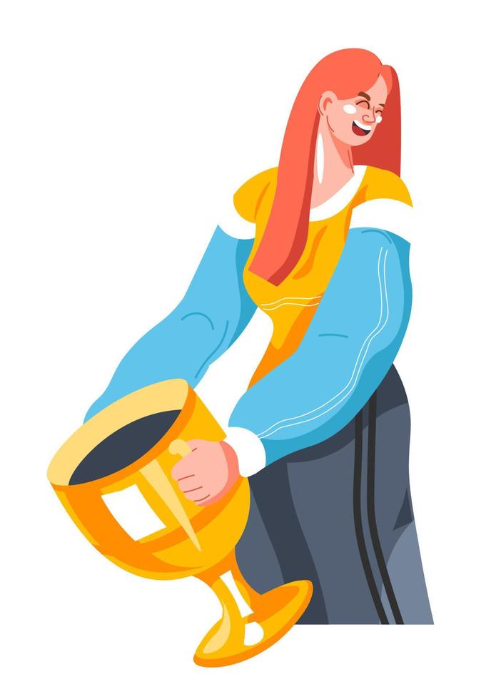 Woman with reward, trophy for sports achievement vector