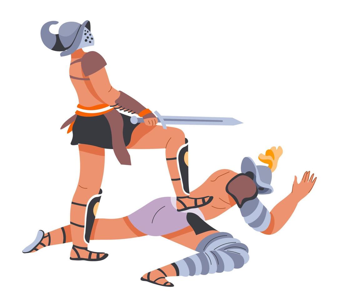 Gladiator fight, men in armor, warriors weapons vector