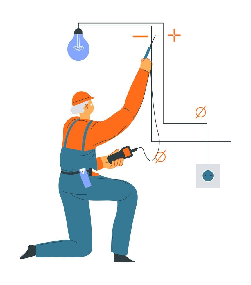 Electrician man fixing broken light bulb vector