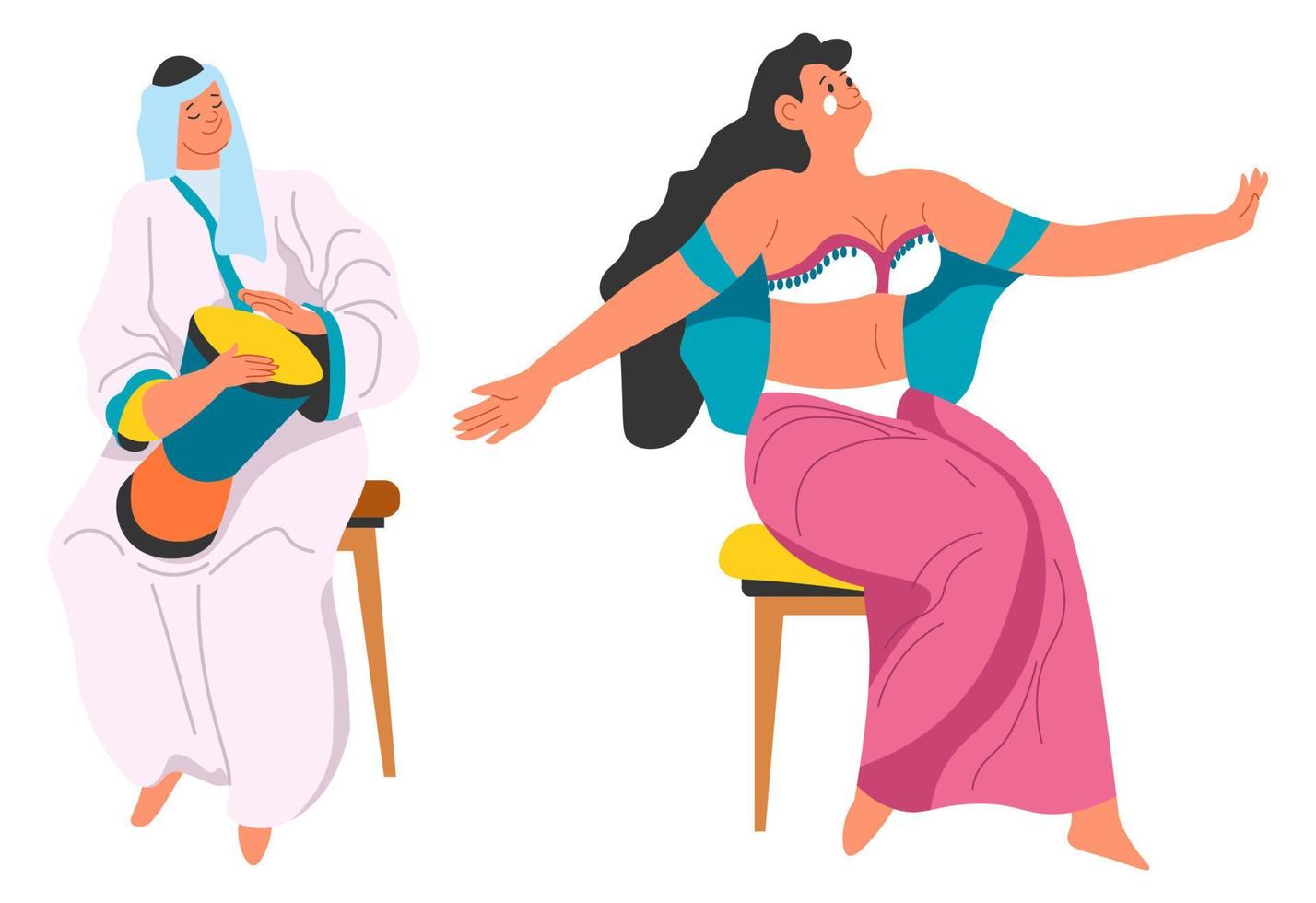 cultura árabe, vector de dúo de bailarines y músicos