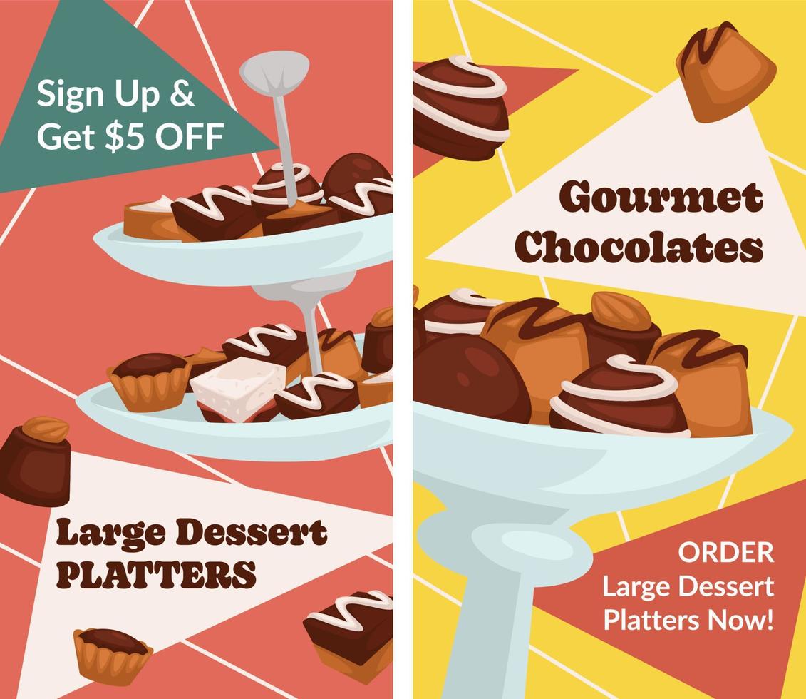 Gourmet chocolates, dessert plate in shop banner vector