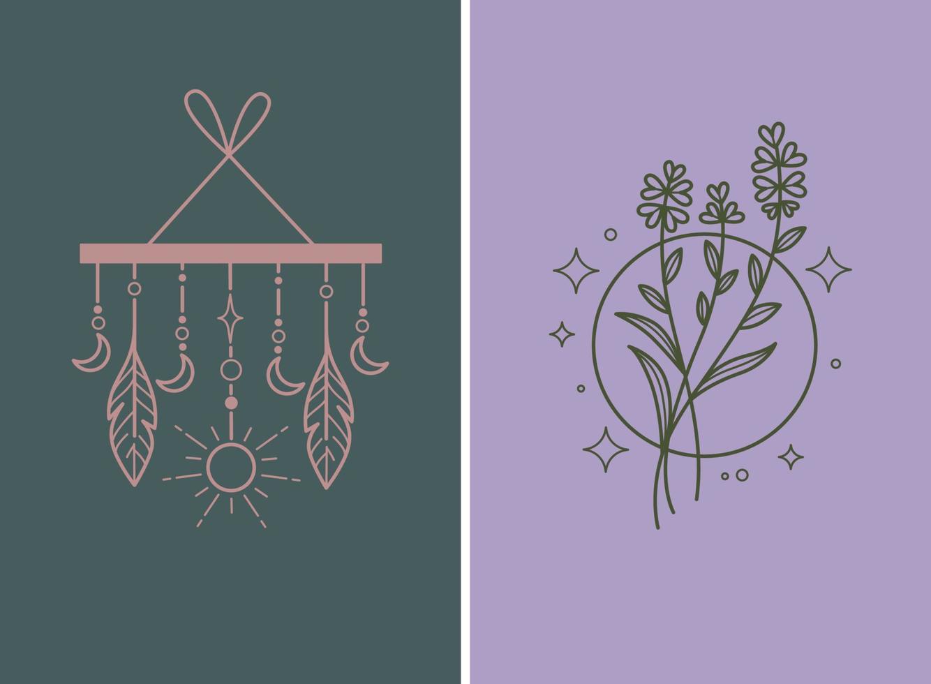 Magic and mystical signs, feathers and flowers vector