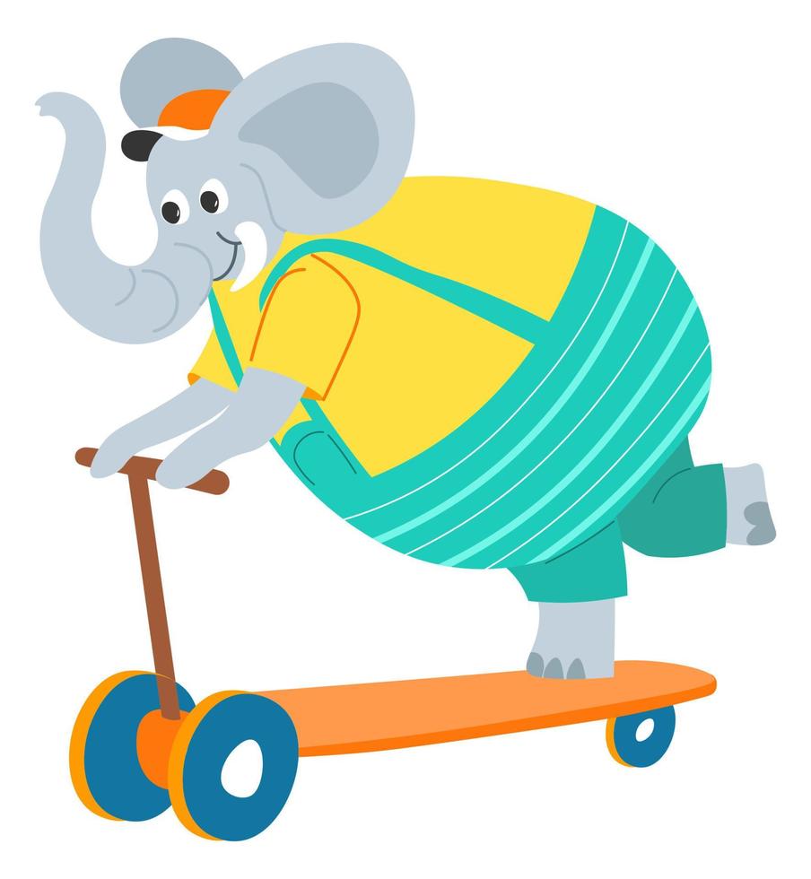 divertido personaje animal elefante en skate rodando vector