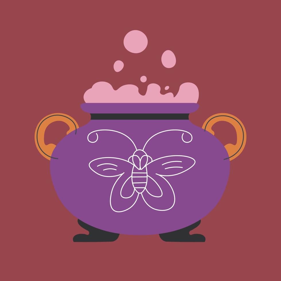 Magic potion brewing in cauldron, enchantment vector