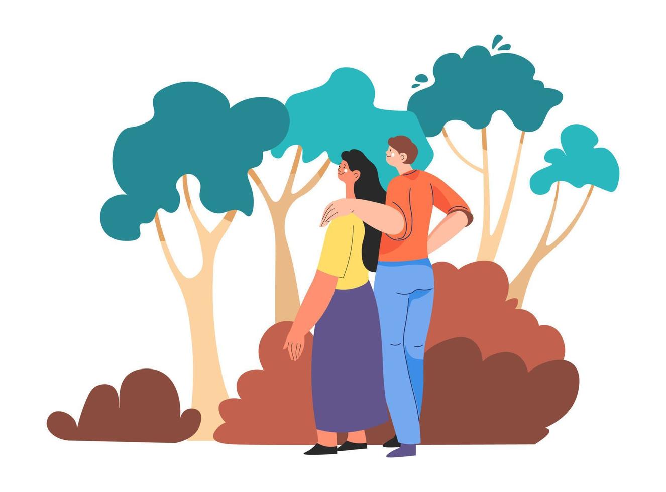 Couple strolling in woods, forest or park walking vector