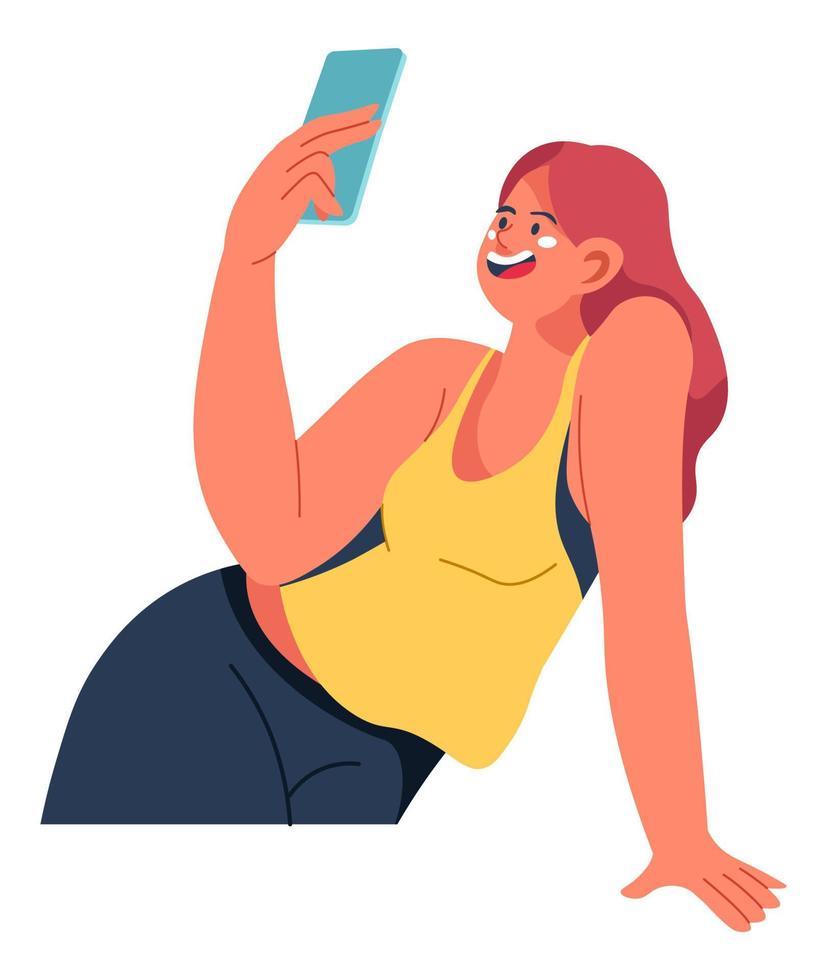 Teenage girl using smartphone for fun, chatting vector