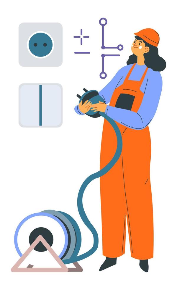 Electrician woman fixing socket, handy worker vector