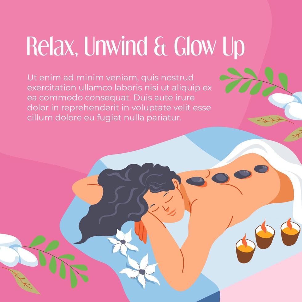 Relax unwind and glow up, spa salon treatment vector